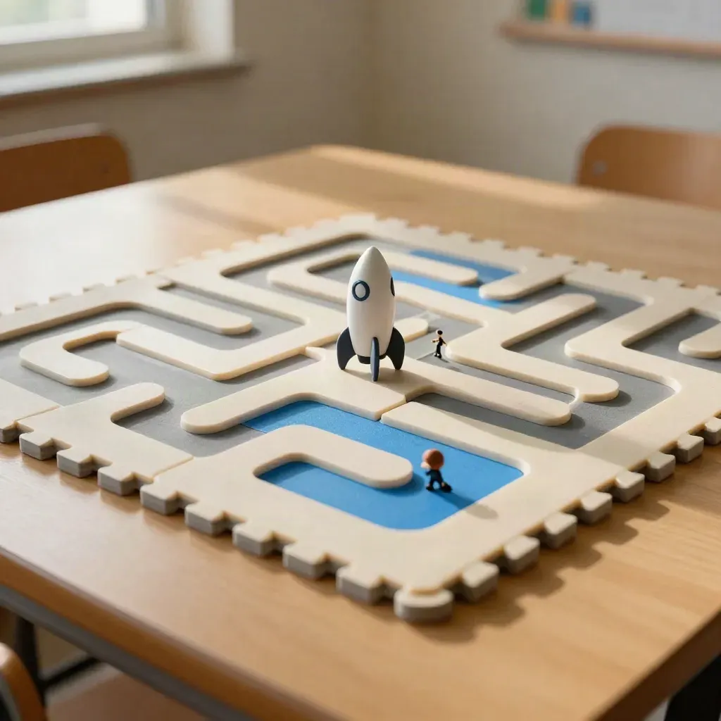 Macro of a Scratch maze mat with colour tiles, tiny rocket and figure on a warm classroom table.