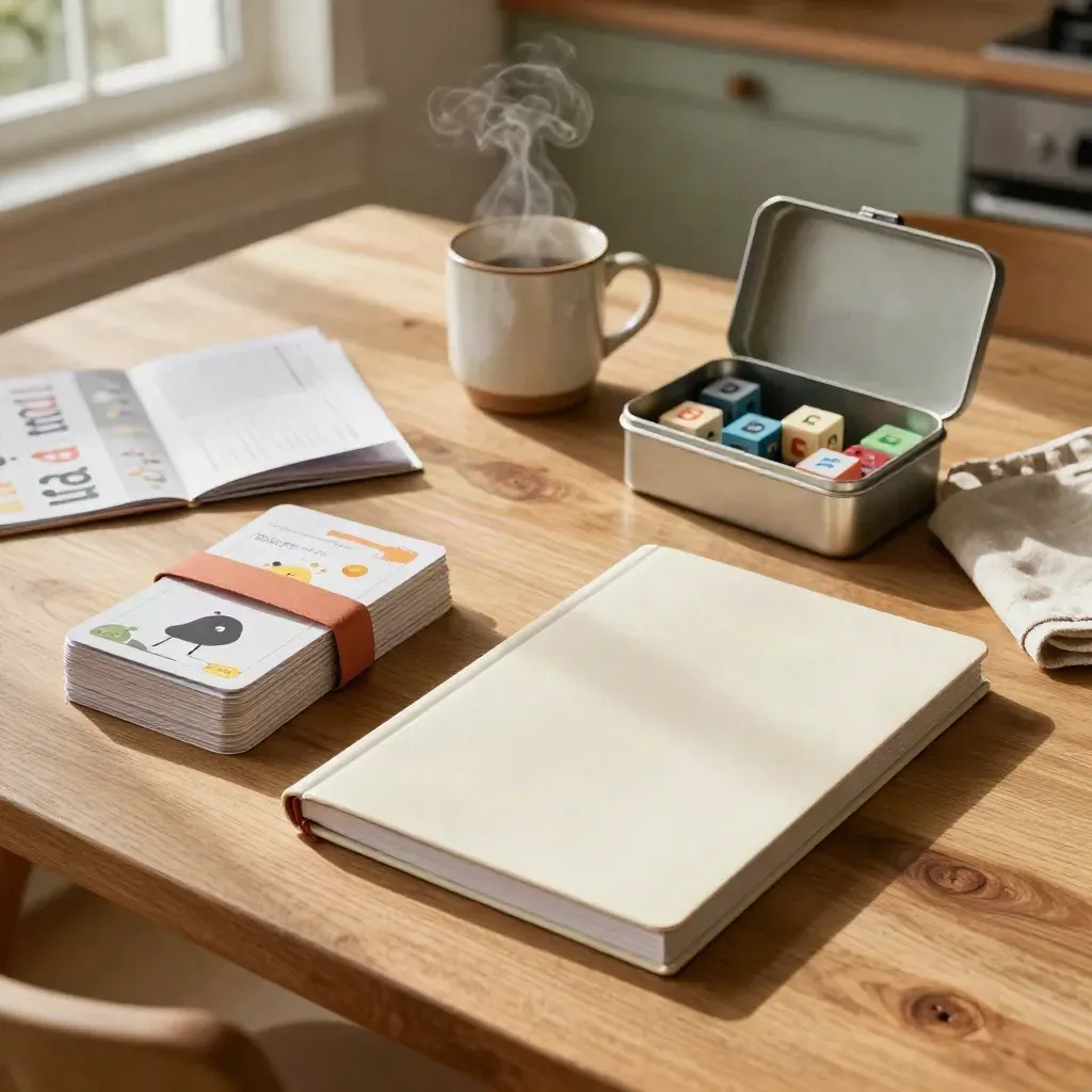Overhead kitchen-table kit with workbook, activity cards, coding cubes and morning steam.
