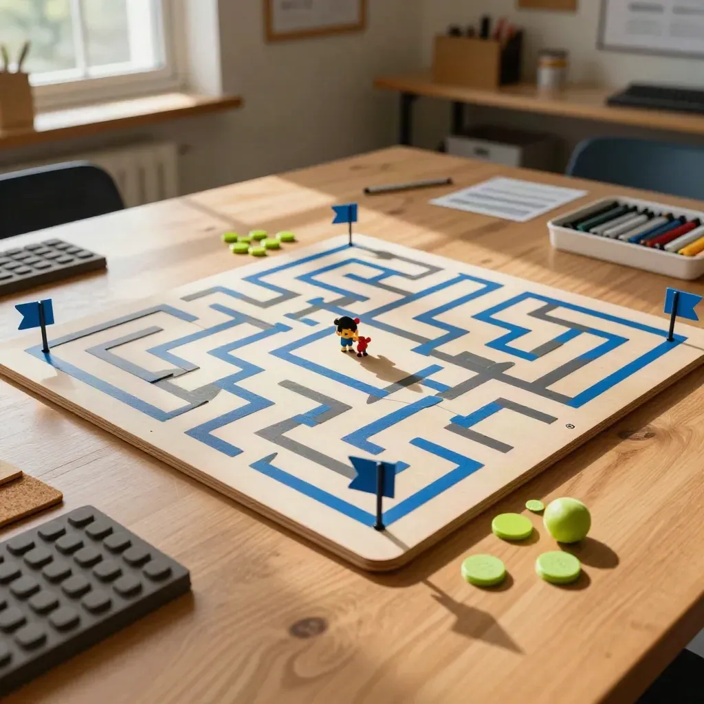 Finished maze game board with flags, tokens and tiny character pieces in a sunlit classroom makerspace.