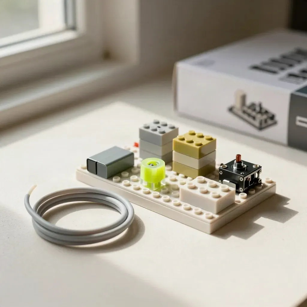 Open robotics kit with baseplate, battery pack and block tiles on a pale plaster sweep.