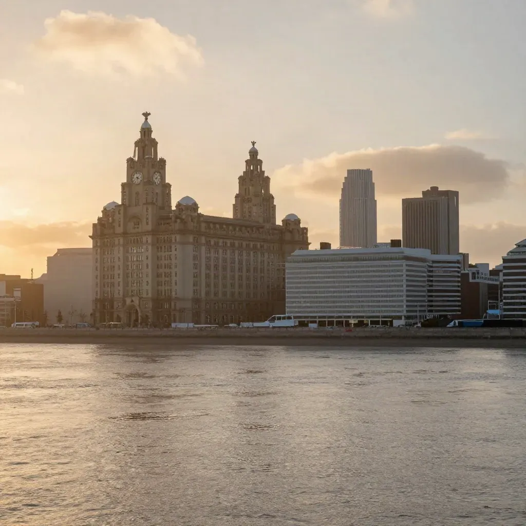 Liverpool waterfront skyline in golden haze above a calm Mersey at sunset.